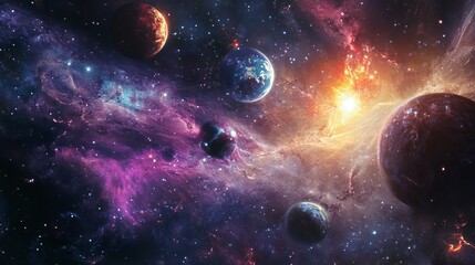 Vibrant cosmic nebula with planets and stars stunning galaxy scene red art blue dark space light