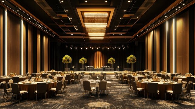 Elegant banquet hall set for a grand event with decor