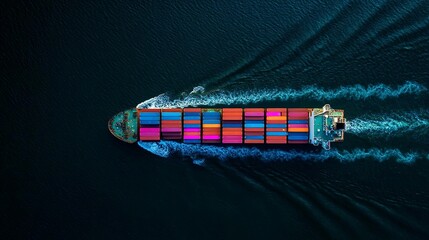 Aerial view of a cargo ship with colorful containers sailing in the open sea