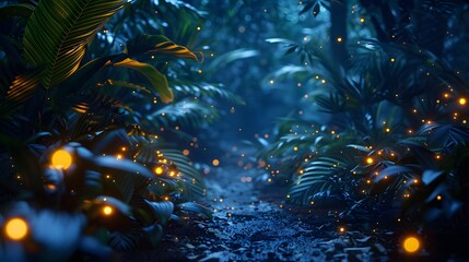 Enchanted rainforest pathway with ethereal glowing lights and lush foliage