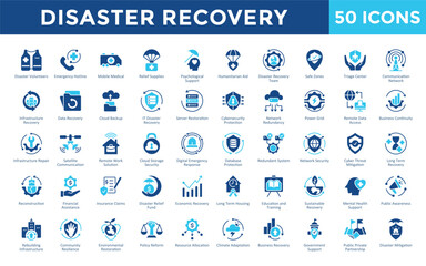 Disaster Recovery icons set with disaster volunteers, emergency hotline, mobile medical, relief supplies, psychological support, humanitarian aid, disaster recovery team icon. Simple flat vector 