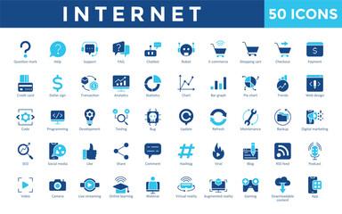 Internet icons set with question mark, help, support, faq, chatbot, robot, e-commerce, shopping cart, checkout, payment icon. Simple flat vector 

