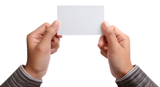 holding a blank white business card with both hands isolated on white background