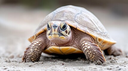 Fototapeta premium Close-up of a small turtle walking on sandy ground. The turtle's shell is light beige and brown with yellow markings. It has a determined expression