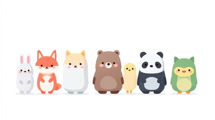 Charming assembly of pastel-toned cartoon animals on a serene white backdrop