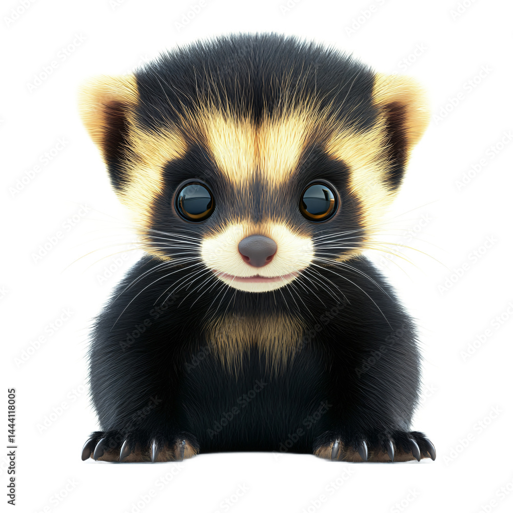 Poster digital rendering presents a close-up view of a small, furry creature with striking black and yellow
