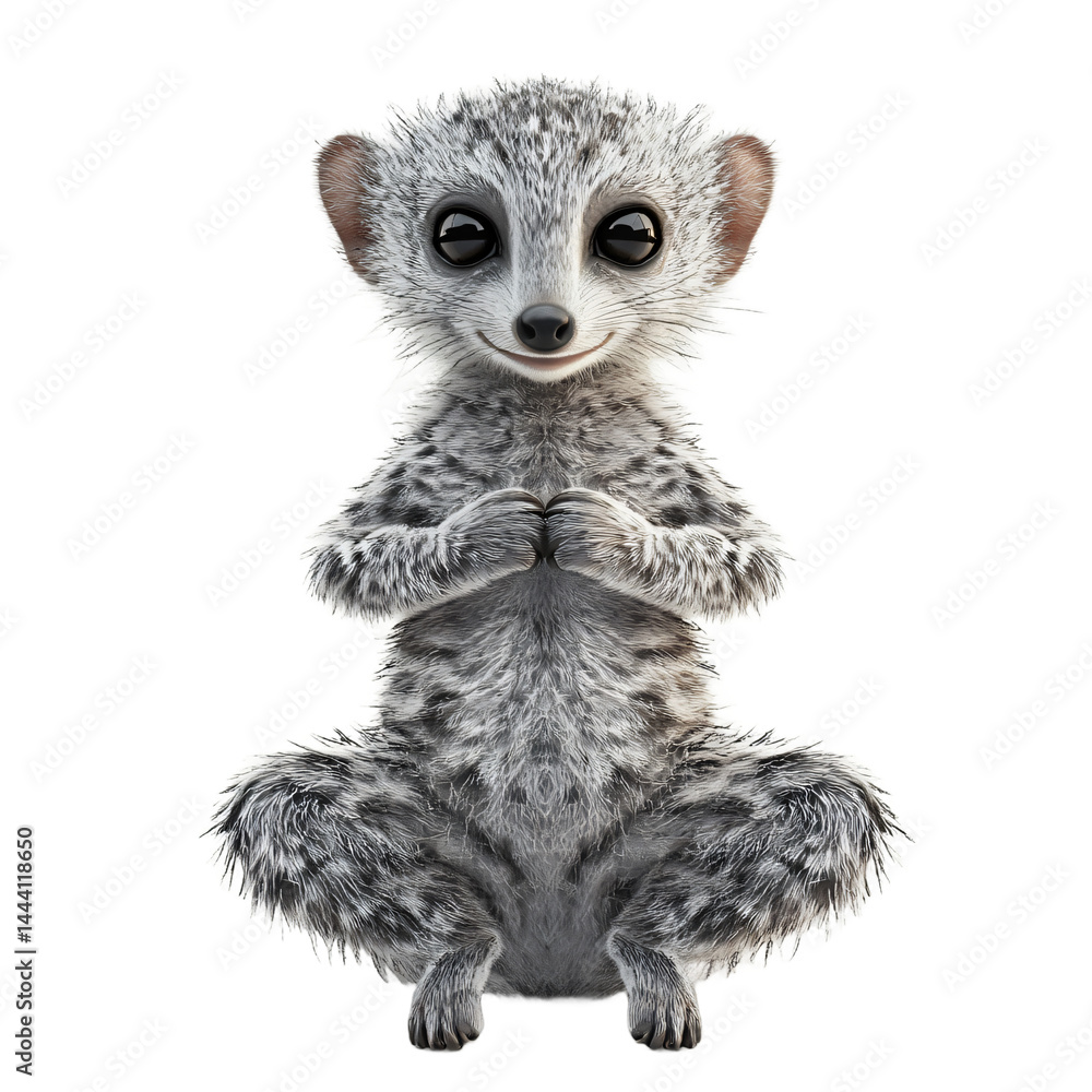 Poster digitally rendered image of a small, gray mammal in a meditative seated position against a plain whi