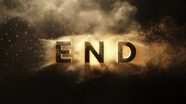 Dark background with golden particles exploding around the word END. Dramatic lighting and textural elements create a powerful visual.