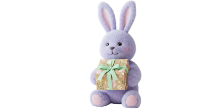 Plush lavender bunny holds Easter gift