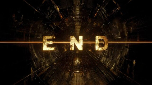 Gold textured 'END' screen title card with dark background, glittering particles, and light streaks. Futuristic and cinematic feel.