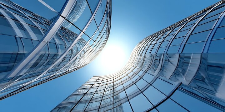 3D rendering of a modern curved glass skyscraper against a blue sky