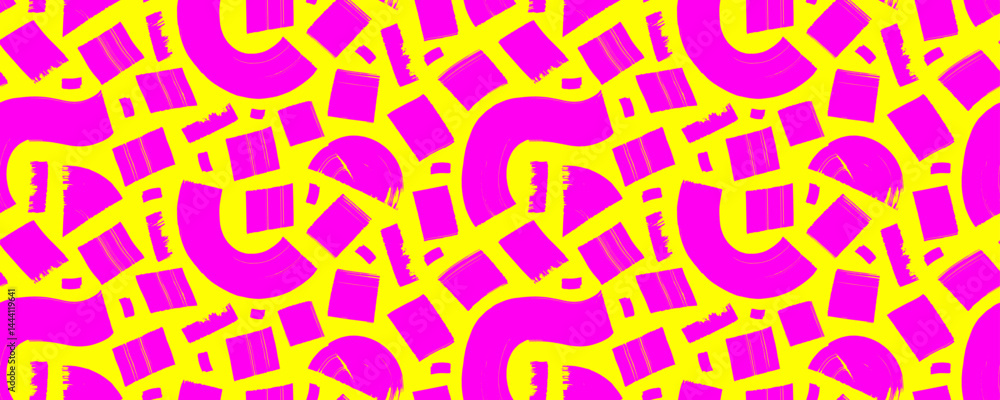 Poster Neon colored seamless pattern with bold curved brush strokes and squares. Hand drawn vector abstract background. Childish bold doodle shapes seamless banner design. Chaotic brush scribbles texture.