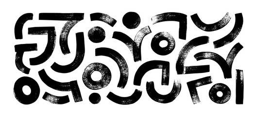 Collection of bold brush drawn curved lines, arches and circles. Hand drawn vector funky shapes for collages, graphic childish design. Wavy brush strokes, bold circles and dots isolated on white.