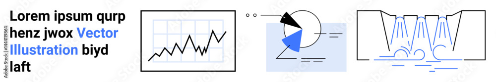 Aufkleber line graph, pie chart split into sections, waterfall chart showcasing flow. ideal for analytics, rep