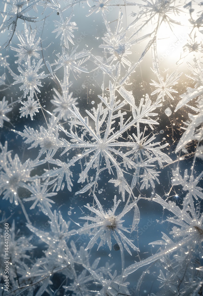 Poster ice patterns adorn the window surface, sparkling frost crystals catch the morning light. a beautiful