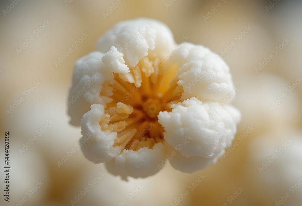 Poster Close Up Of A Single Popcorn Kernel. A High Magnification View Shows Detailed Surface Texture. Perfect Snack Illustration, Food Photography, And Background Resource. Isolated On A Neutral Background.
