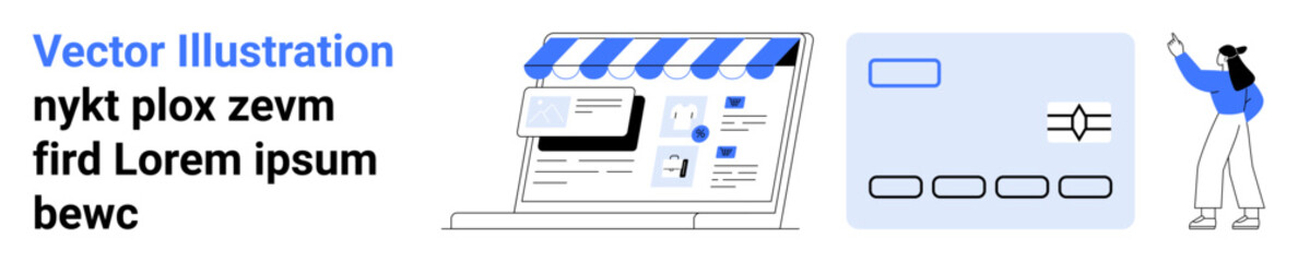 Digital storefront interface, payment card, user pointing. Ideal for e-commerce, payment solutions, marketing, UX, shopping apps, fintech simple landing page