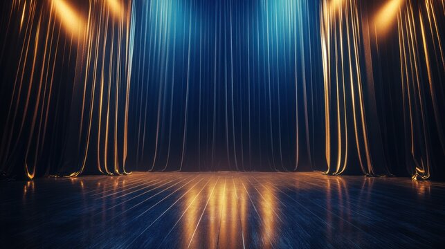 Dramatic stage setup with blue and gold curtains