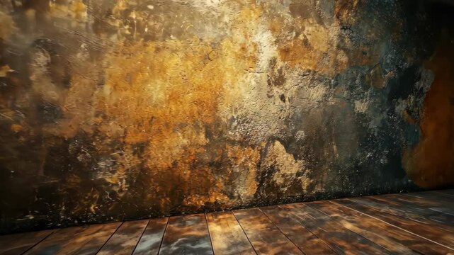 Rustic wooden floor against a textured, aged wall.  Warm lighting emphasizes the wall's decay