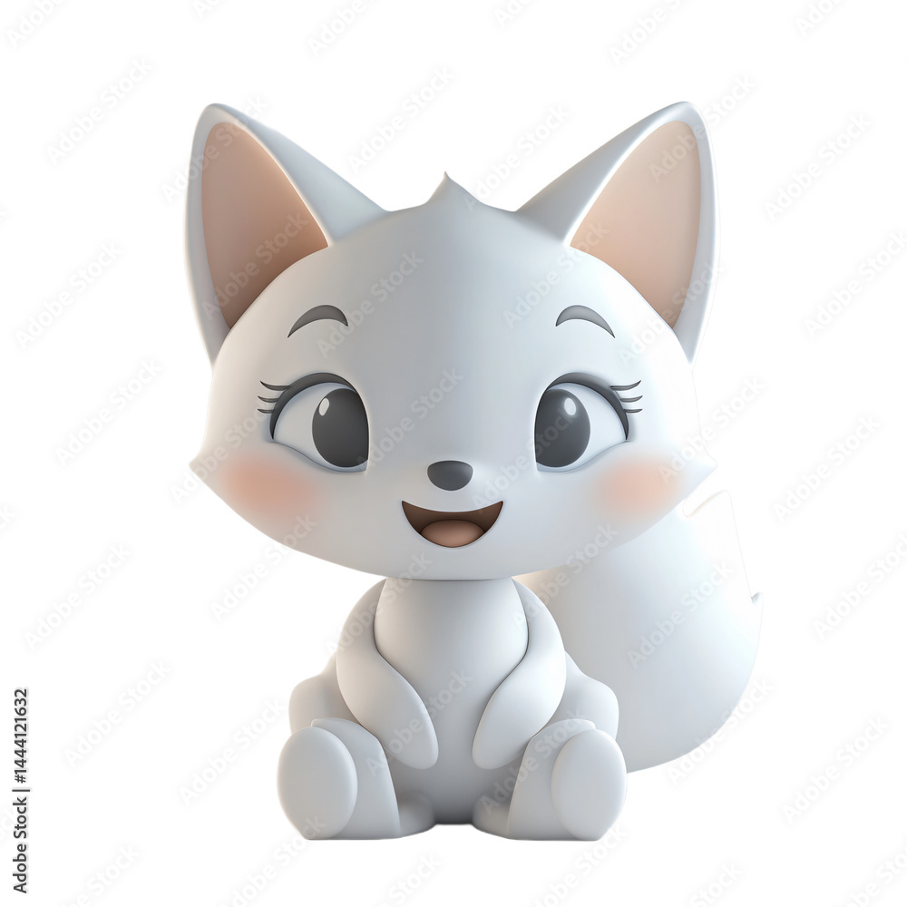 Poster digital rendering of a cartoonish white fox with a joyful expression. the character is sitting and d