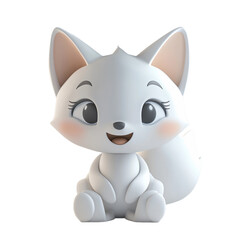 Obraz premium Digital rendering of a cartoonish white fox with a joyful expression. The character is sitting and designed in a lighthearted manner.