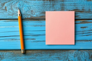 Pink note and pencil on blue wood