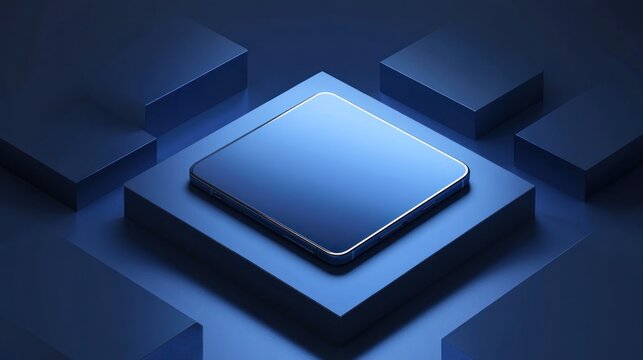 Modern, square,  tech device mockup on a dark blue platform