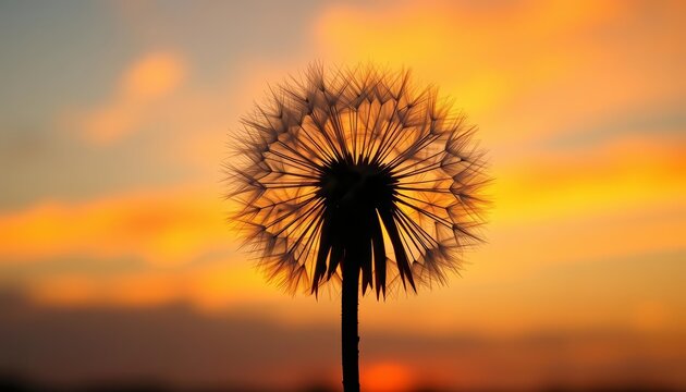 Silhouette of fluffy dandelion seed head against vibrant sunset sky, macro, fluffy