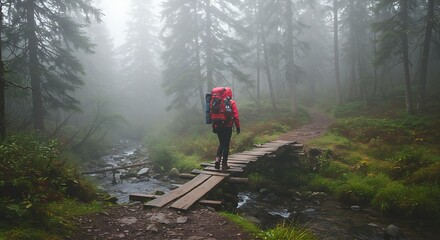 Fototapeta premium A backpacker crossing a wooden bridge in a misty forest