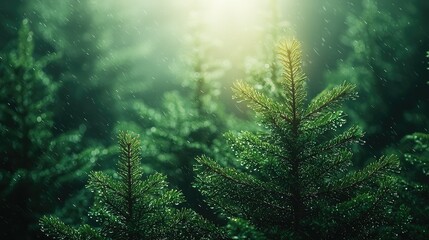 Obraz premium Lush green forest in rain, illuminated by sunlight