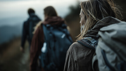 Three diverse groups of travelers walking in a scenic mountain trail, close-up from behind, wearing colorful travel gear, backpacks, hiking boots, dramatic mountain landscape in the background