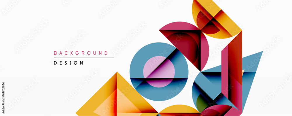 Poster Abstract geometric composition. Overlapping shapes create dynamic visual effect. Bright colors, modern design, clean lines, minimalist aesthetic. Suitable background element.