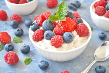 Fresh berries and yogurt in a bowl, vibrant colors, healthy breakfast setting