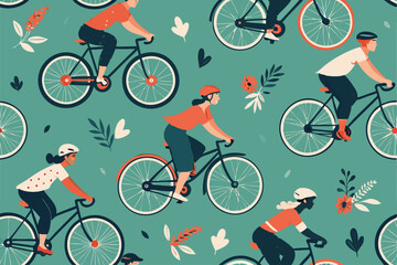 Create a vibrant, seamless vector pattern featuring bold illustrations of diverse women confidently riding bicycles in various stylish outfits.