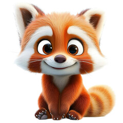 Digitally rendered illustration of a small, expressive red panda, sitting and appearing cheerful.