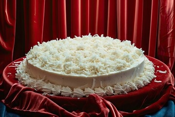 A large round Coconut cream cake with shredded coconut topping, placed on a table under red velvet curtains. Icy blue background, dramatic lighting with strong shadows and highlights.