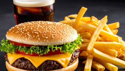 A cheeseburger with lettuce, tomato, and cheese is served with crispy French fries and a cold drink on a dark background.