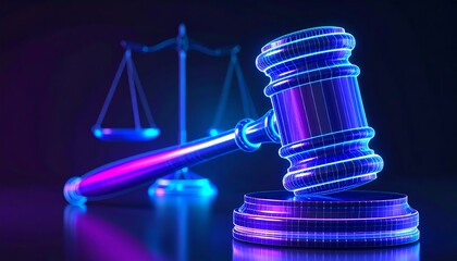 A digital gavel and scales of justice are depicted in a glowing, futuristic style, symbolizing technology in law.