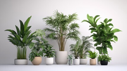 A Beautiful Collection of Potted Houseplants Featu Palms Ferns and Leafy Greens Against a Minimalist White Wall for Indoor Decoration and Style