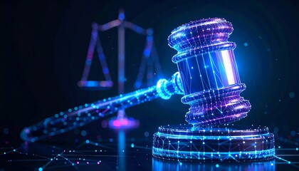 A digital gavel and scales of justice symbolizing technology's impact on law and the legal system.