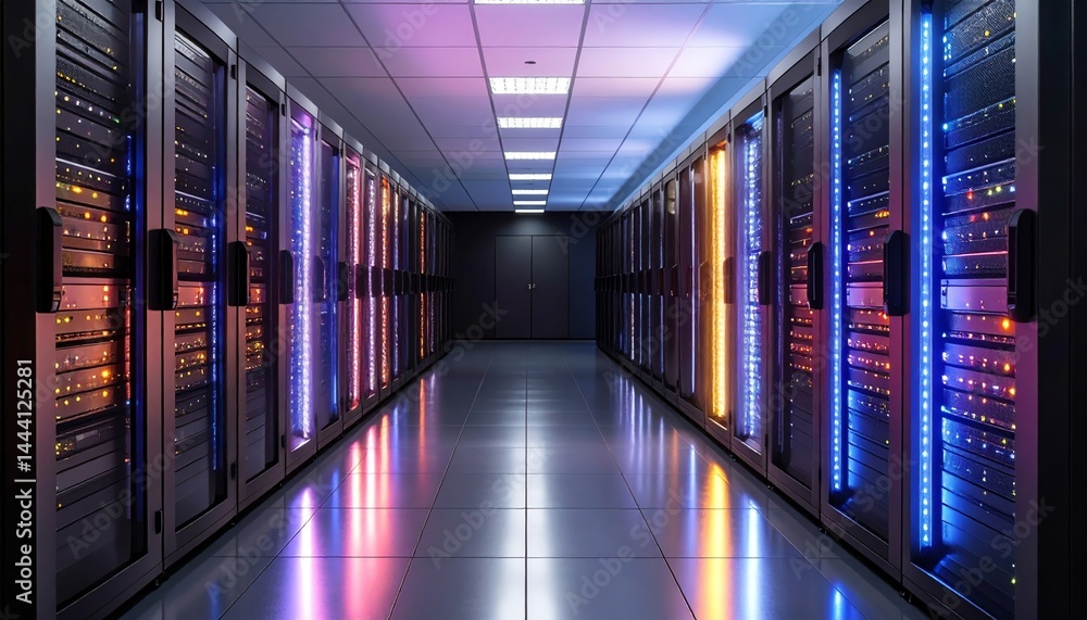 Poster a modern data center with rows of illuminated server racks and reflective flooring.