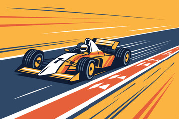 A vibrant, dynamic illustration of a race car speeding into the pit lane, emphasized by bold, black outlining.  Focus on the car's motion and the intensity of the race.