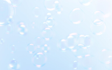 Beautiful Soap Bubbles Floating in The Air. Celebration Festive Backdrop. Freshness Soap Suds Bubbles Water. Blue and White Gradient Textured. Abstract Blurred Background.