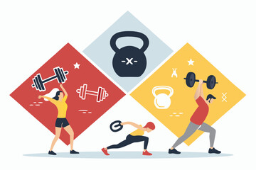 Design a vibrant web header showcasing diverse kettlebell exercises for a fitness website. Include various poses and diverse individuals.