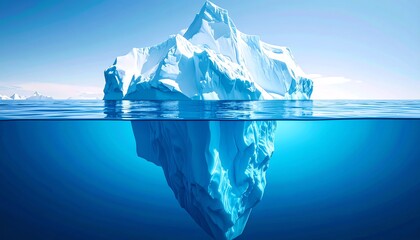 A massive iceberg floats in arctic blue waters, revealing more beneath the surface than above, symbolizing hidden depths and cold environments.
