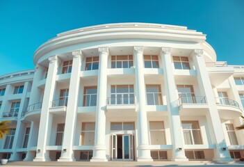 Fototapeta premium Sleek white modern building, grand columns, spacious balconies, spacious, home