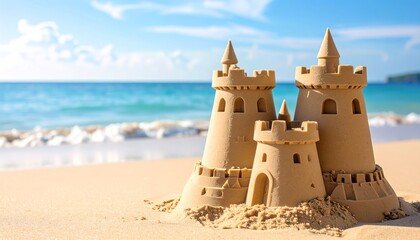 A detailed sandcastle stands on a sunny beach with the ocean and blue sky in the background.