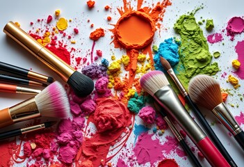 Vibrant array of makeup brushes and colorful pigments artfully arranged on a surface, display, arrangement
