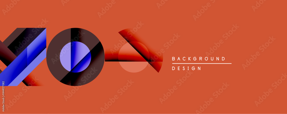 Poster Abstract geometric composition. Overlapping shapes create dynamic visual effect. Warm orange backdrop complements cool blue, red elements. Modern design suitable for backgrounds.