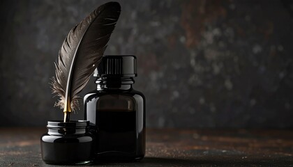 A dark feather quill rests in an ink bottle, evoking vintage writing on a rustic surface with a moody background.